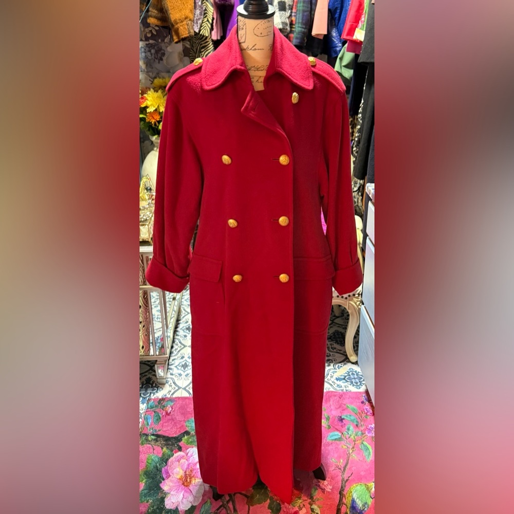 Vintage Perry Ellis 100% Cashmere Elegant Red Double-Breasted Maxi Coat